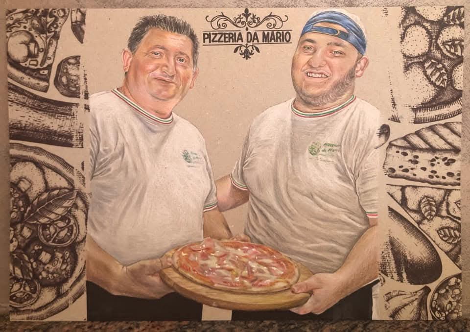 Disegno di Mario e Domenico con una pizza